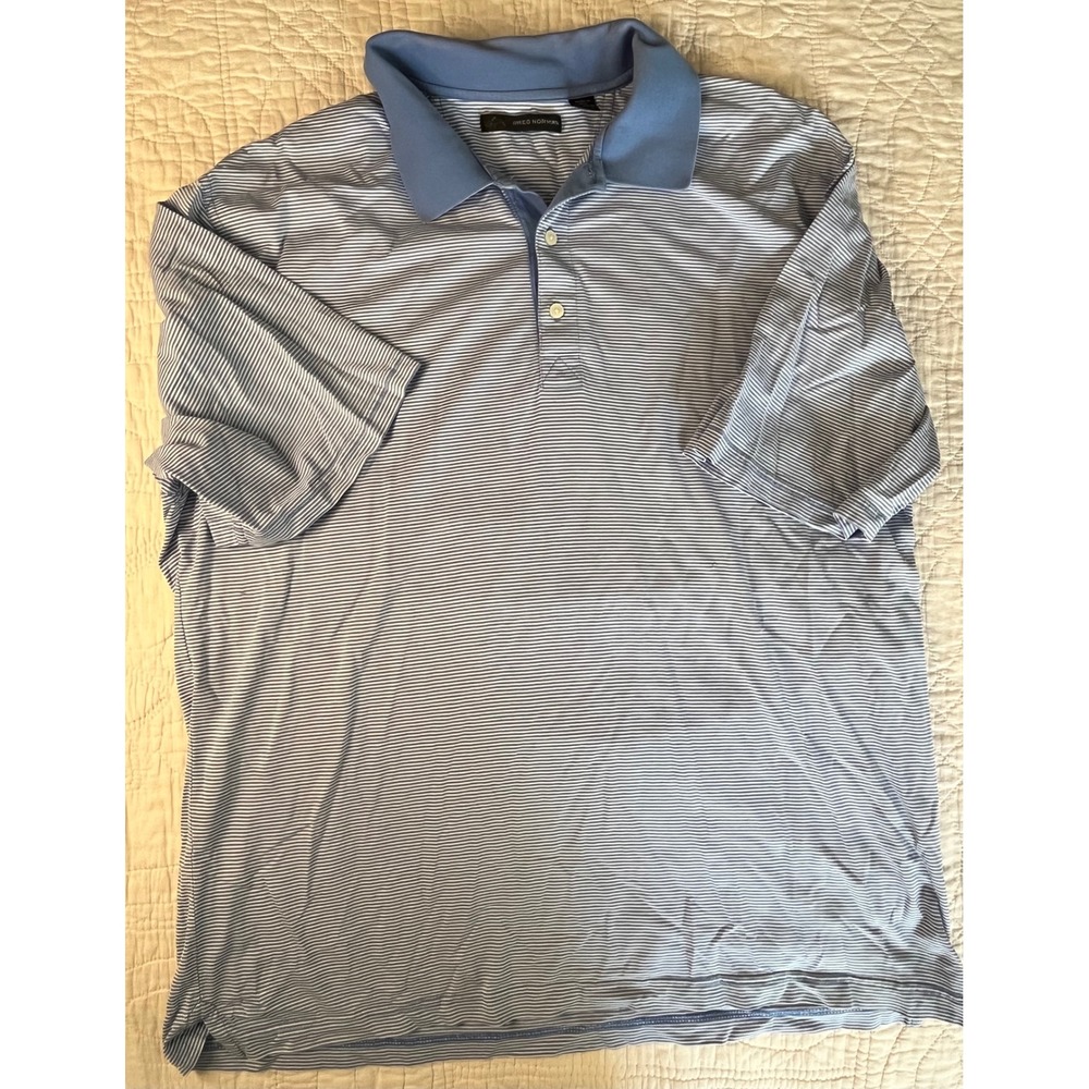 Greg Norman Mens XL Blue White Micro Stripe Short Sleeve Golf Polo Shirt